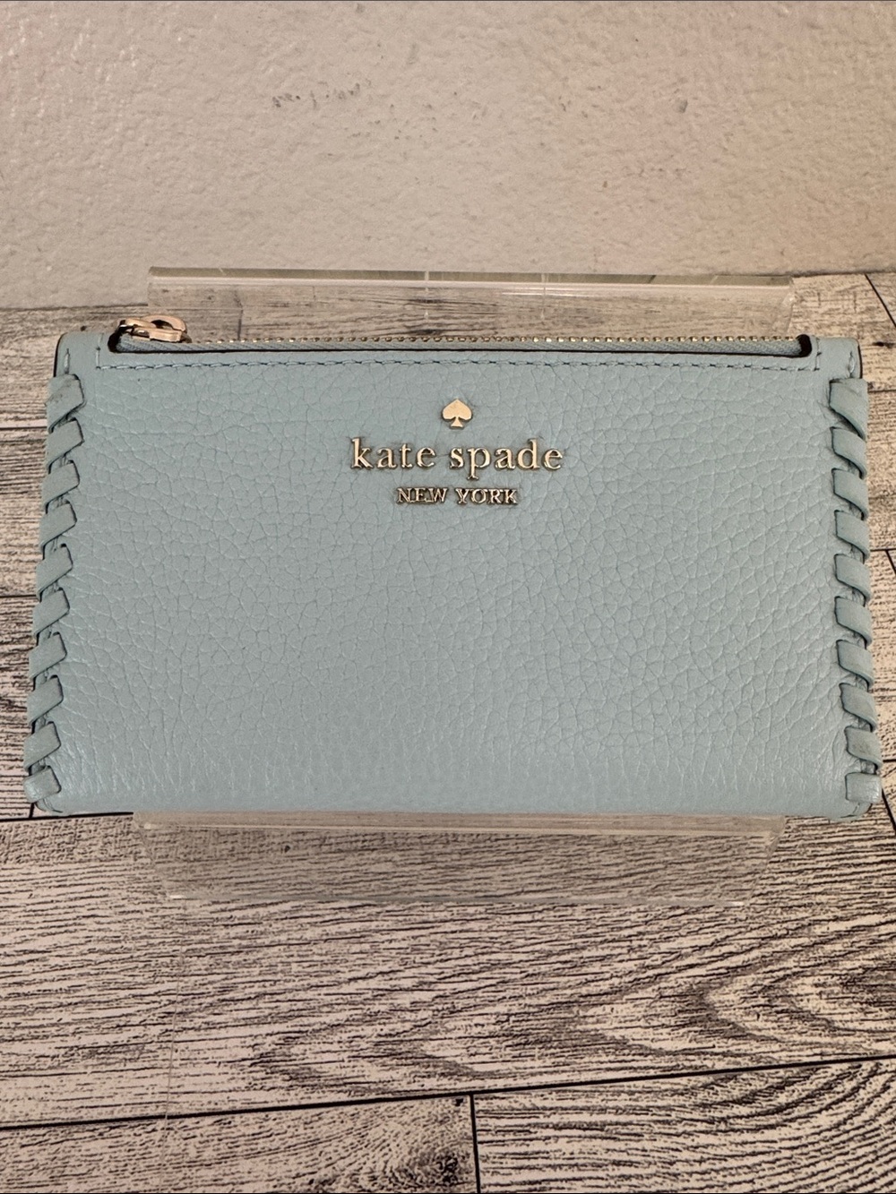 Kate Spade Light Blue Pebbled Leather Wallet with Whipstitch Edge